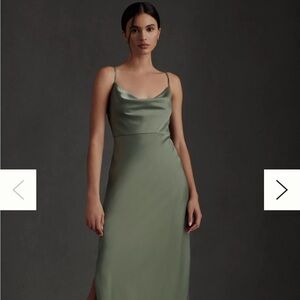 BHLDN Cali Satin Cowl-Neck Midi Slip Dress sage green.